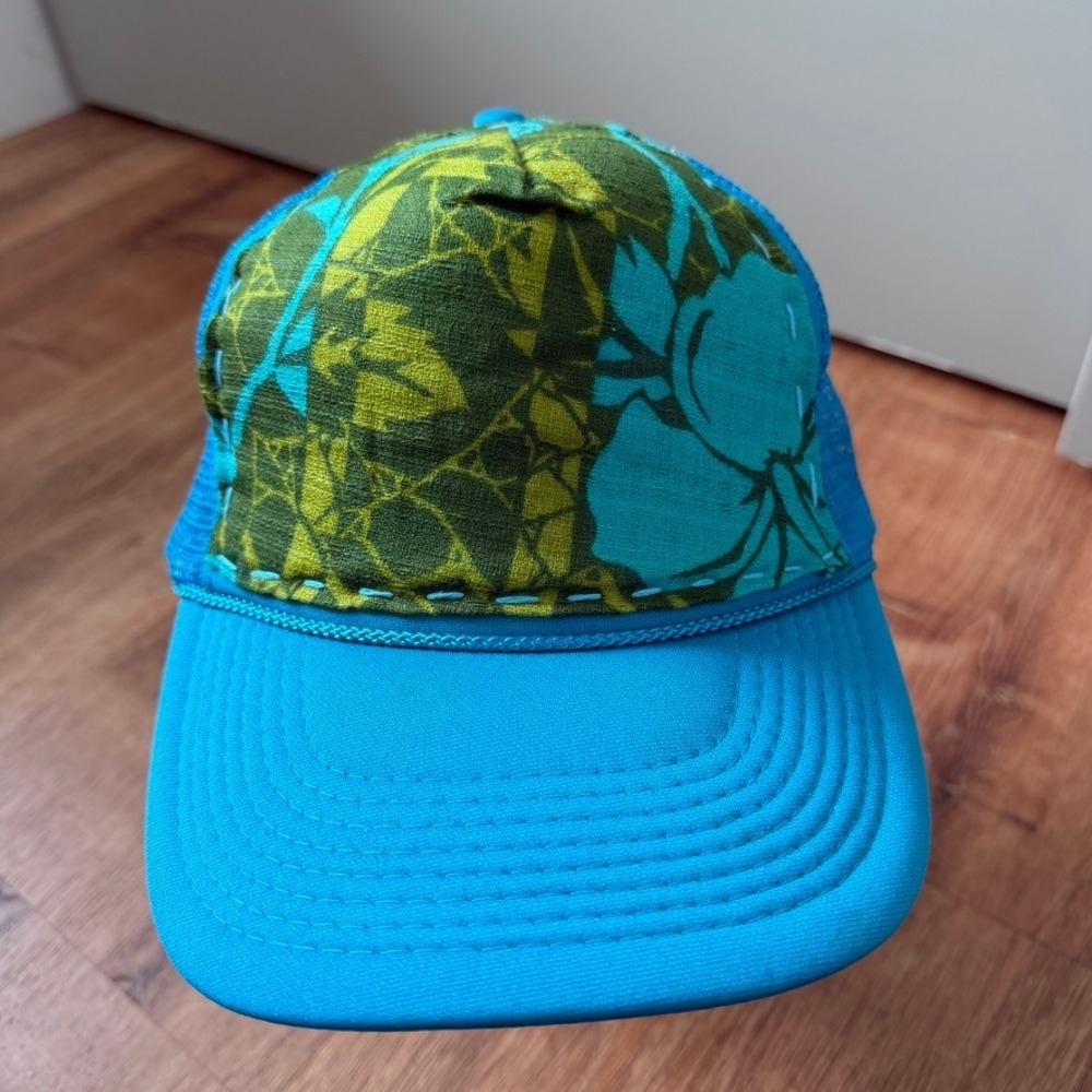 Otto Trucker Hat Womens OS Blue Green Tropical Floral Hawaiian Hibiscus Snapback